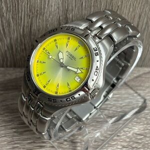 Vintage Yellow Fossil Stainless Steel Silver Men’s Watch With New Battery